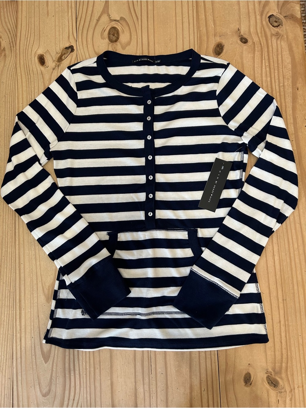 Heart & Hips Navy and White Striped Long-Sleeve Henley with Kangaroo Pocket NEW